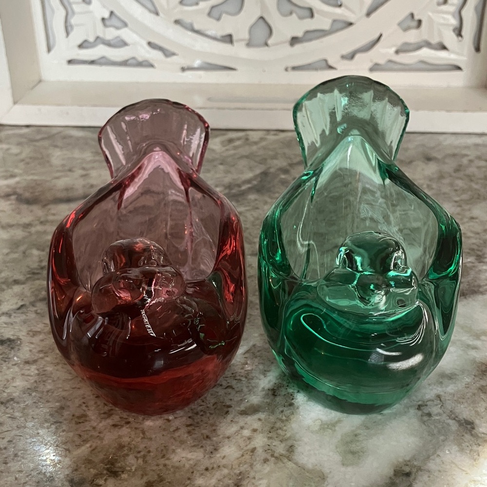 Vintage Fenton Art Glass Green & Red Glass Bird Figurines/Tea Light Holders 2 pc - Picture 4 of 11